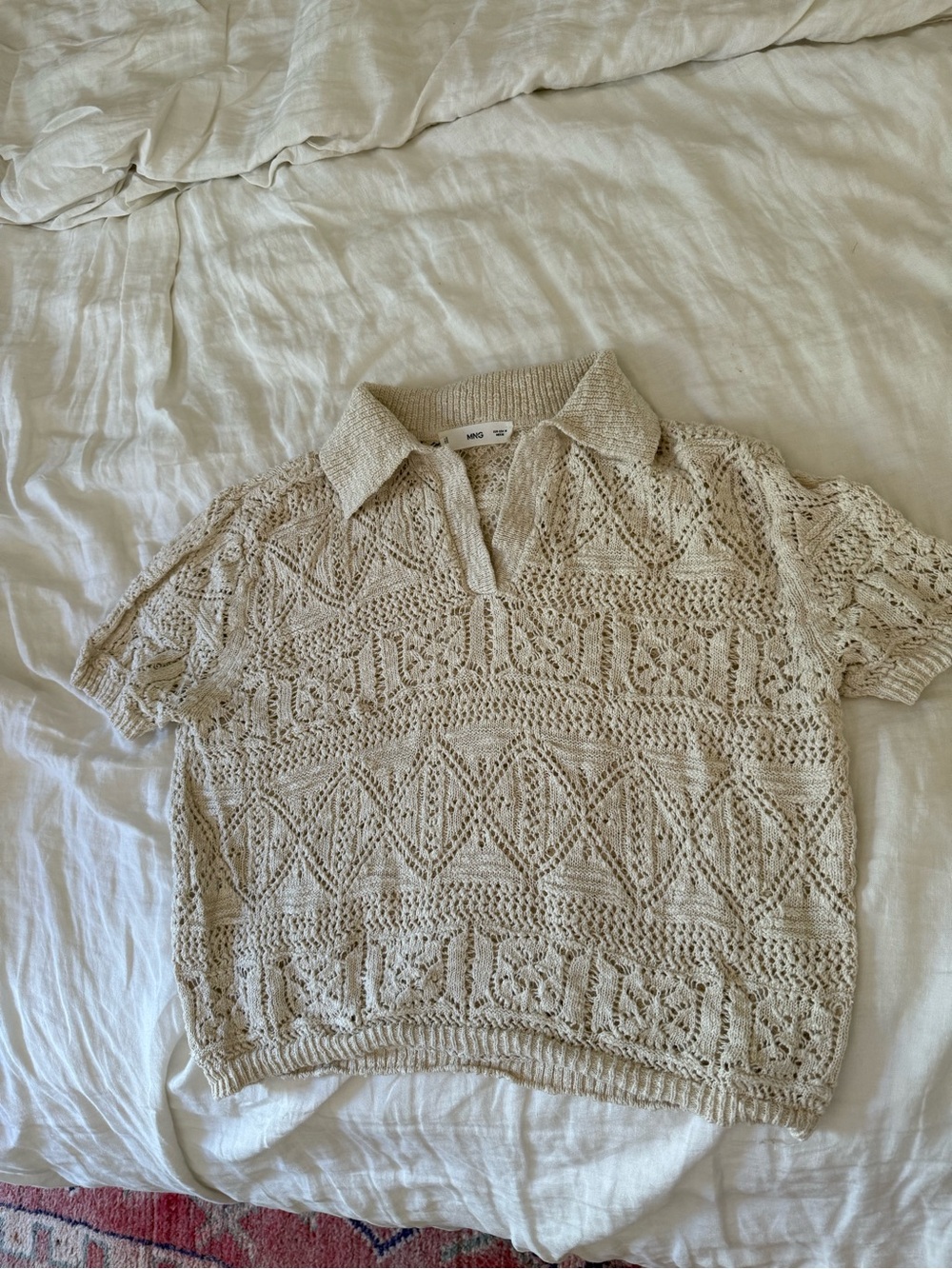 Mango Beige Crochet Polo Knit Sweater